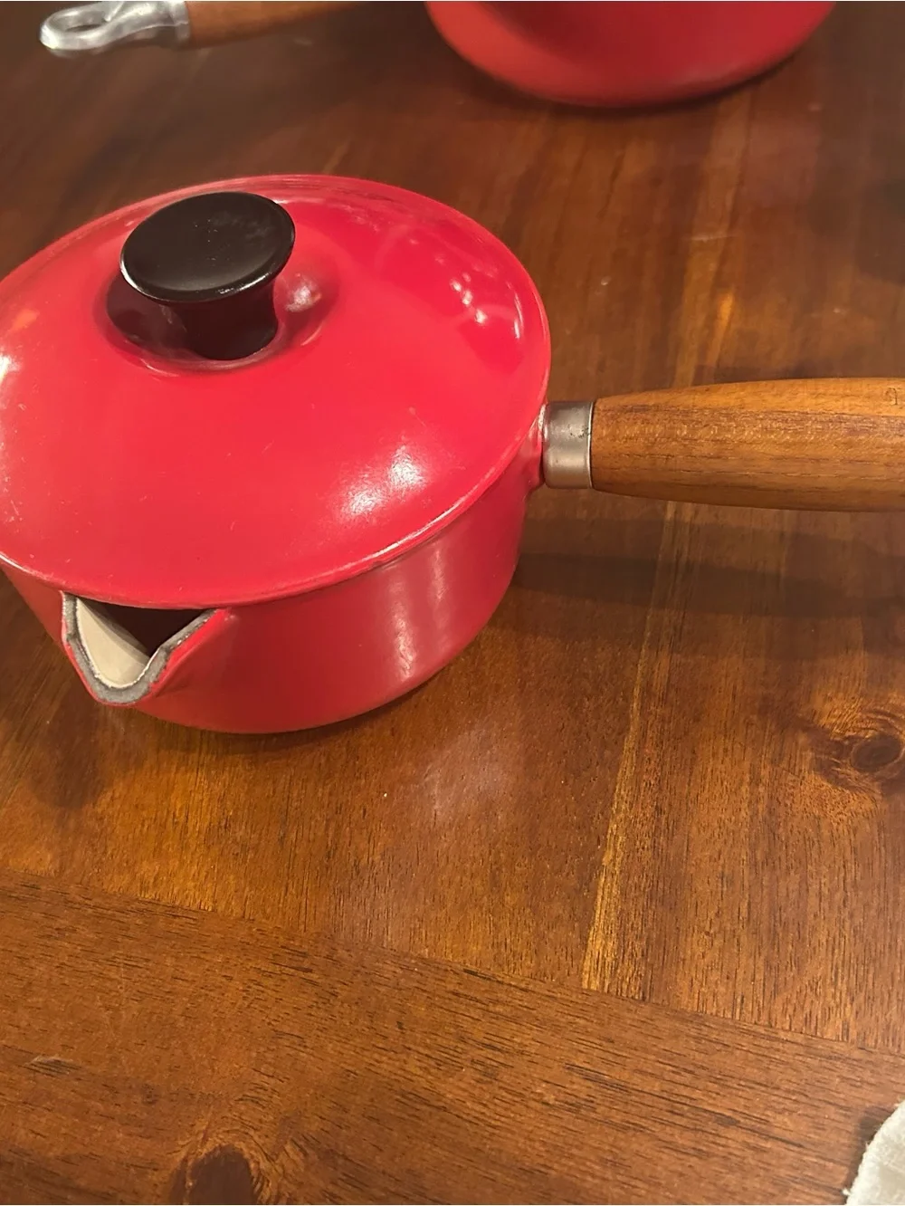 Le Creuset Red Enamel Pouring Saucepans with Wooden Handle